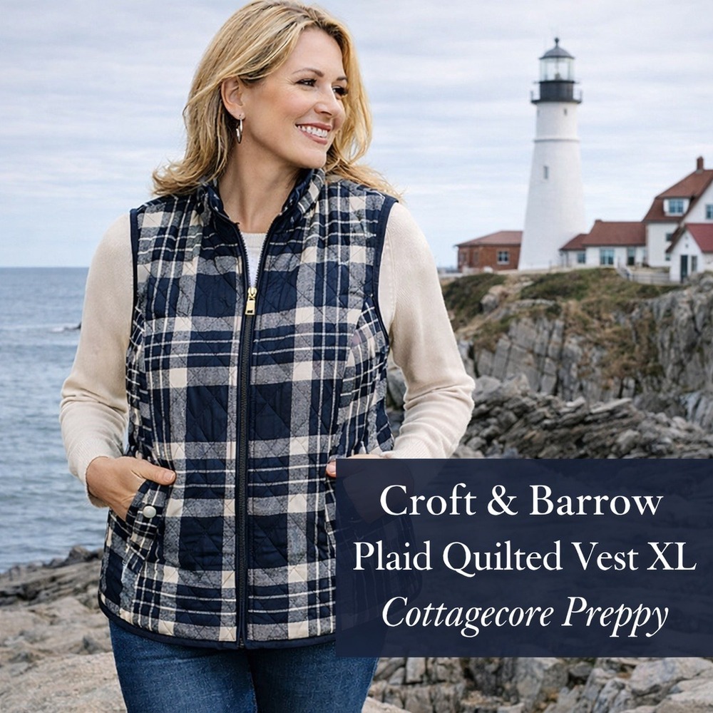 Croft & Barrow Womens XL Navy Blue White‎ Plaid Quilted Zip Front Puffer Vest
